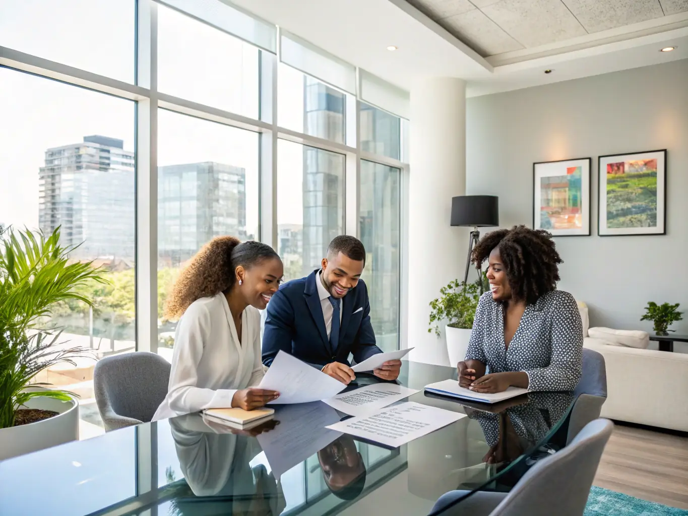 A diverse team collaborating around a large interactive display showcasing financial performance metrics and strategic planning charts.