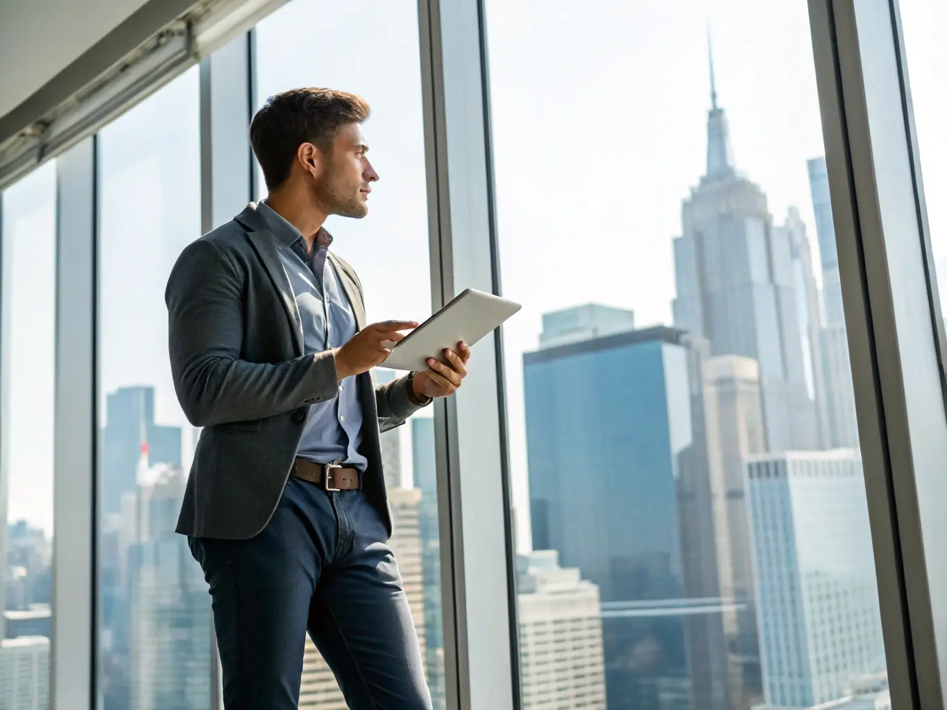 A professional businessman confidently reviewing financial analytics on a tablet in a modern office setting, showcasing data-driven decision-making.