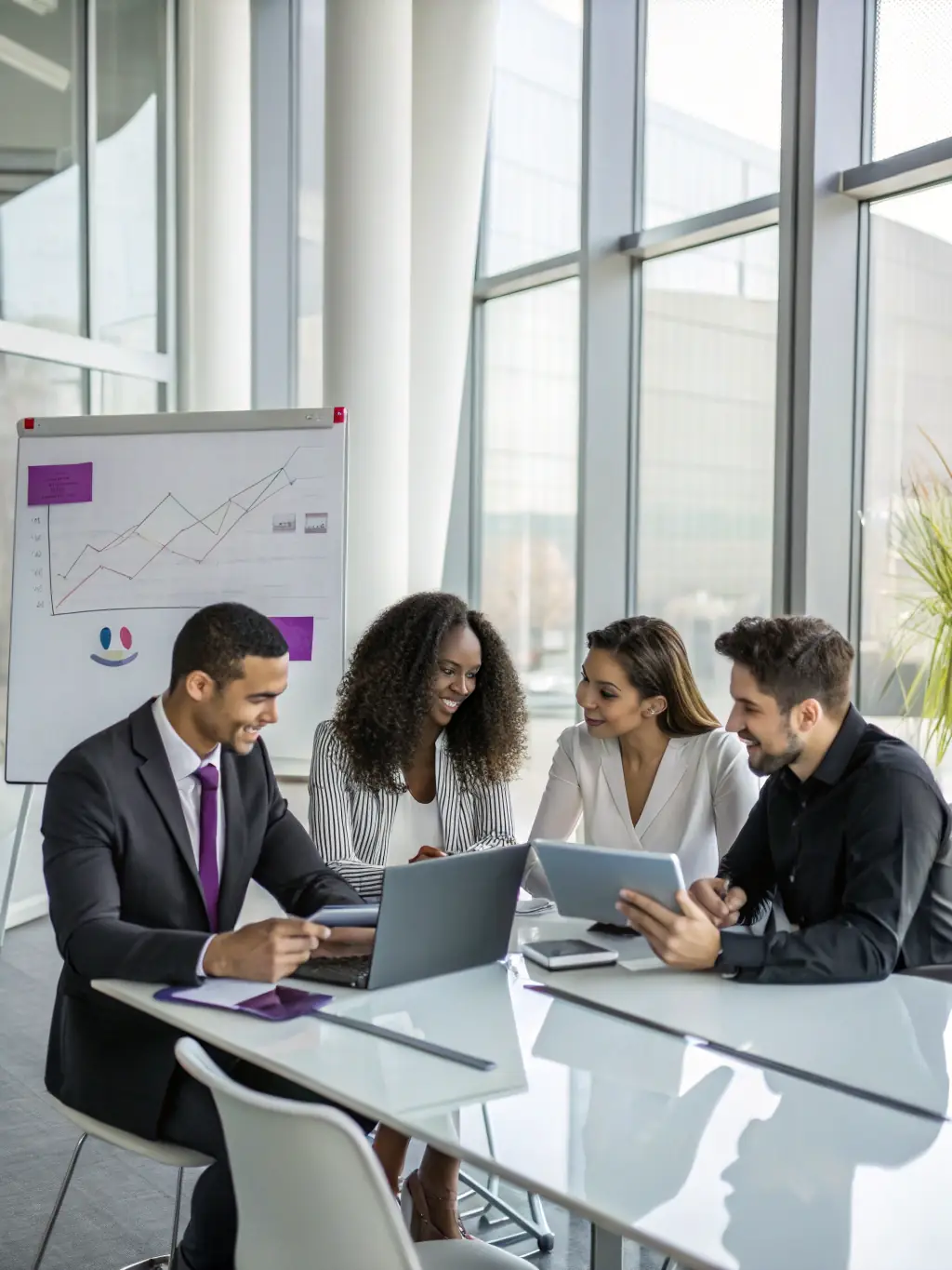 A diverse team collaborating around a table, analyzing financial data and discussing strategies using Payqistix's tools.