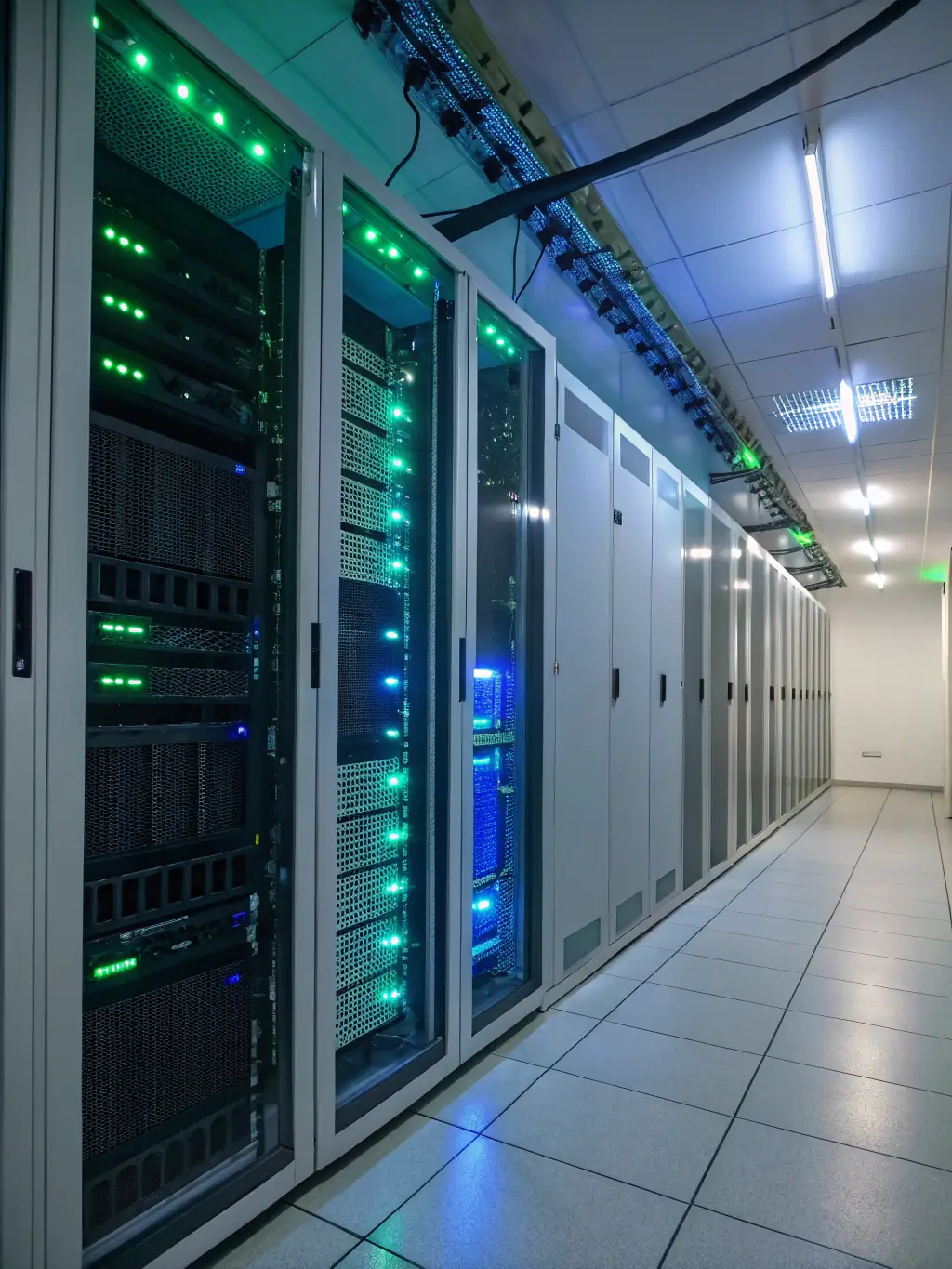 A secure server room with blinking lights, symbolizing the secure and reliable infrastructure of Payqistix's platform.