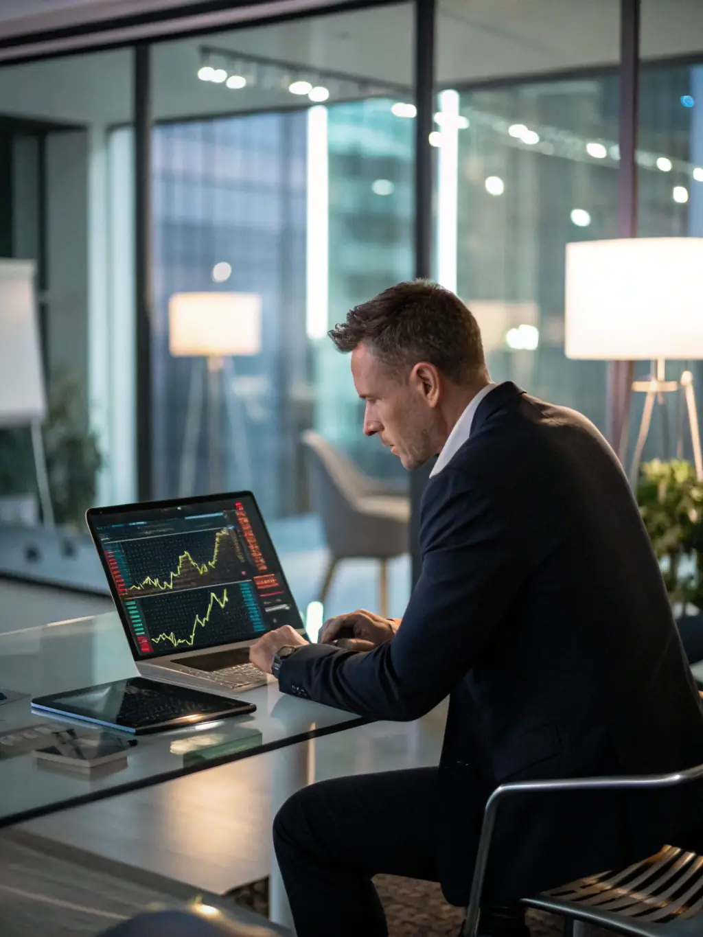 A professional businessman analyzing financial data on a computer screen, showcasing Payqistix's financial analytics platform.